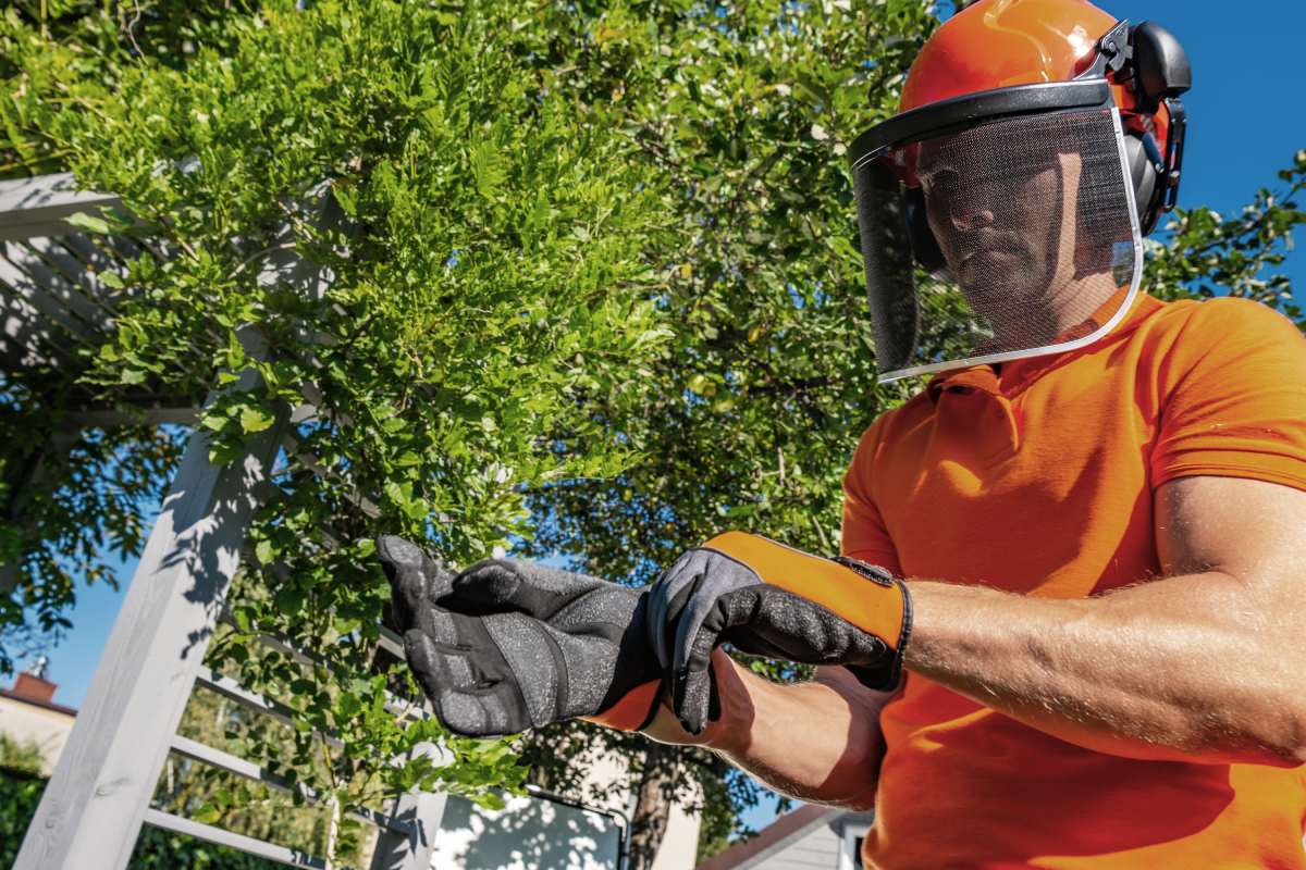 A worker in an orange shirt and safety gear is putting on gloves before trimming trees in a well-maintained suburban backyard on a sunny day. Green foliage surrounds the area, highlighting the active outdoor setting.